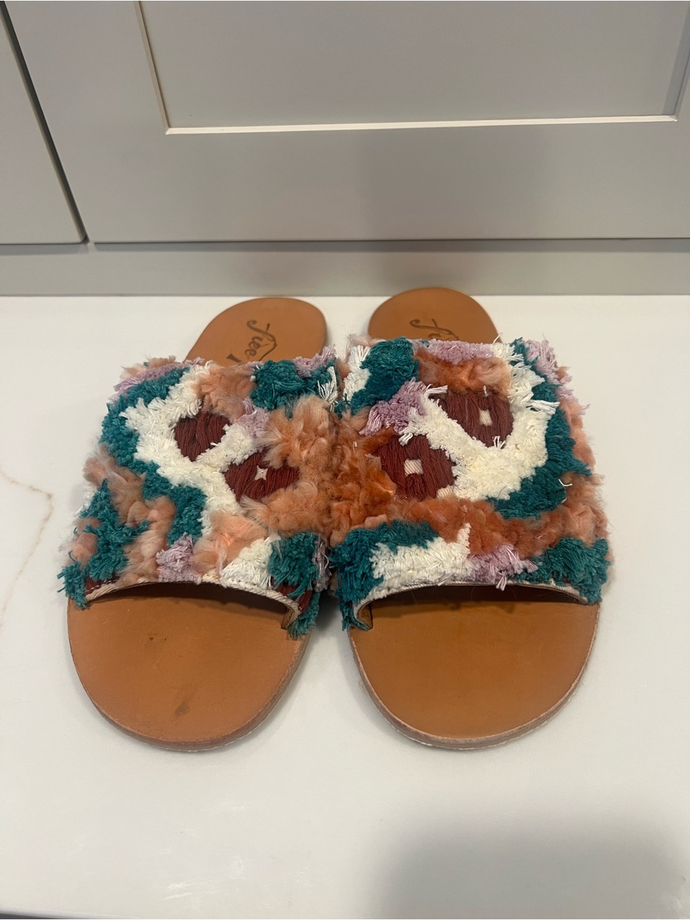 Free People Multicolor Tufted Slide Sandals - Teal, Rust, Cream, Lavender